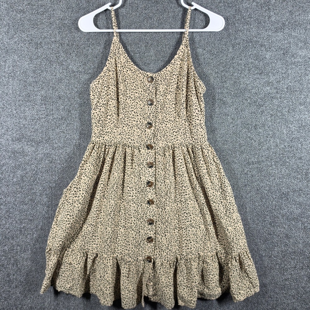 Leopard‎ Print Sun Dress Womens Medium Button Front Smocked Back Rayon Fit Flare